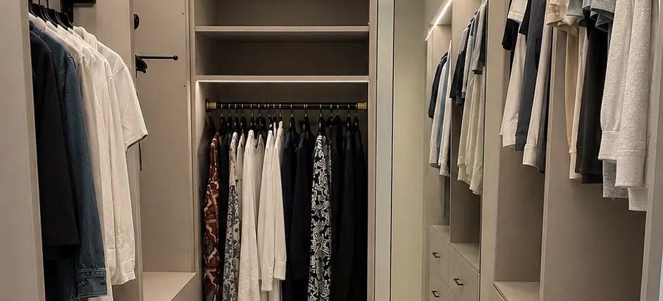 Eclipse walk-in closet with full-height hanging, open shelving, and drawer banks