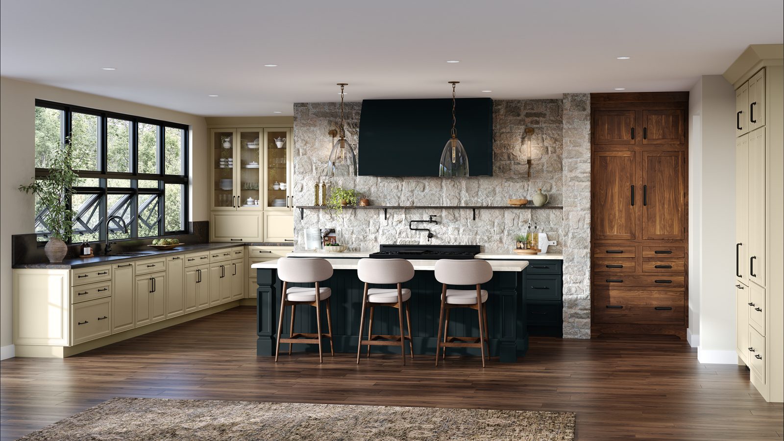 Island countertop against a full-height stone feature wall