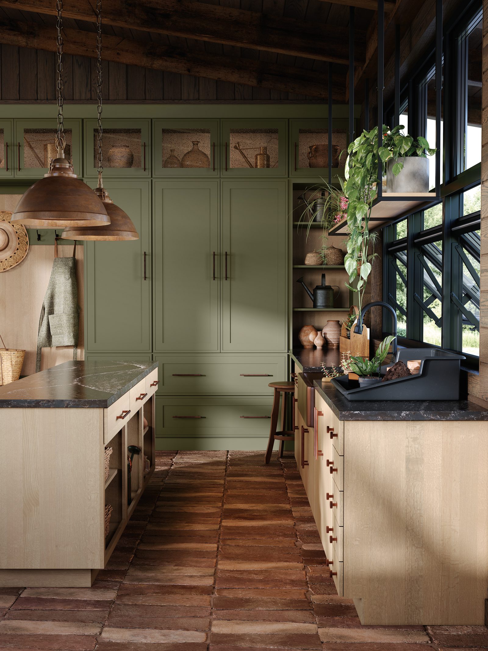 Island countertop detail with turned-leg seating overhang