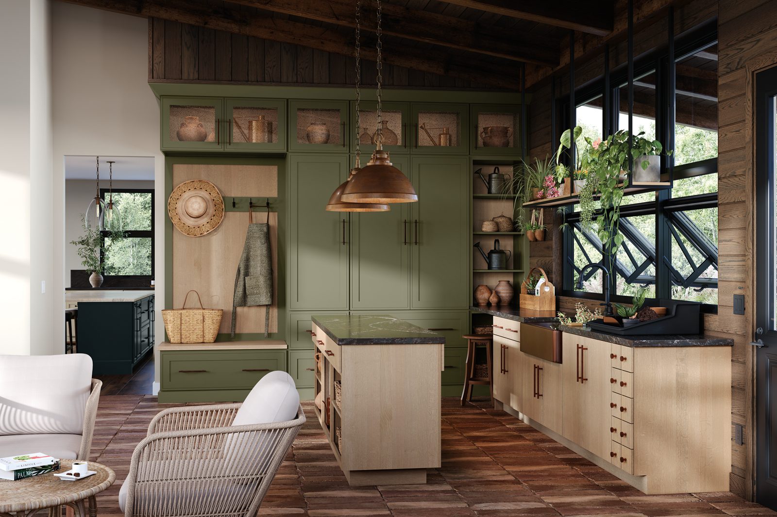 Wide-plank oak flooring beneath sage and oak cabinetry