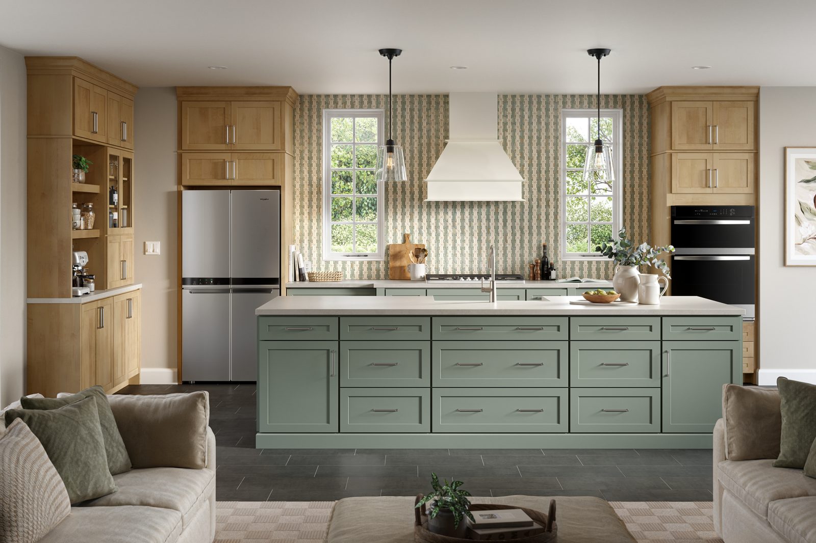 Oak flooring running from the kitchen into the living space