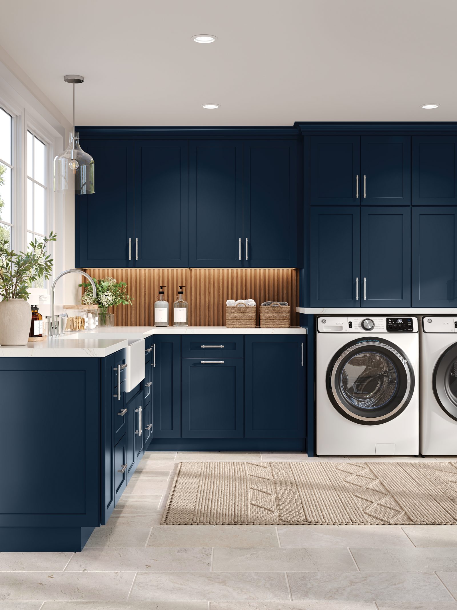 Mountain Series navy laundry room cabinetry