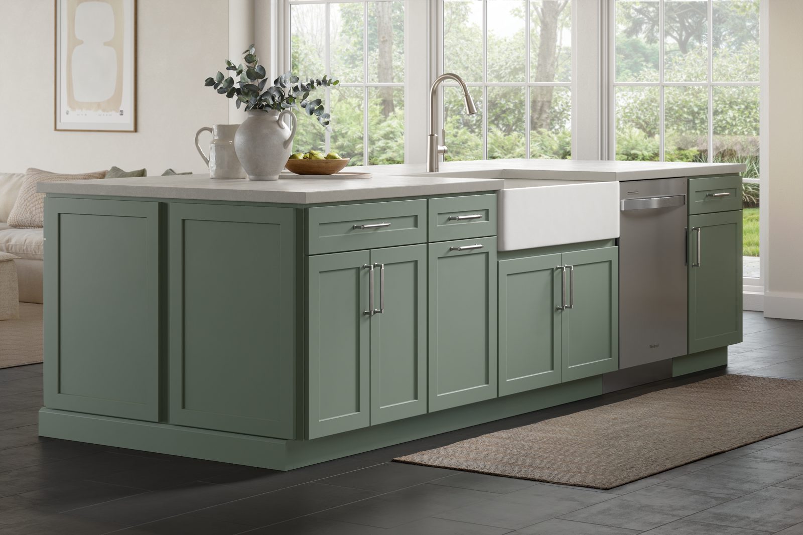 Mountain Series sage green island with farmhouse sink