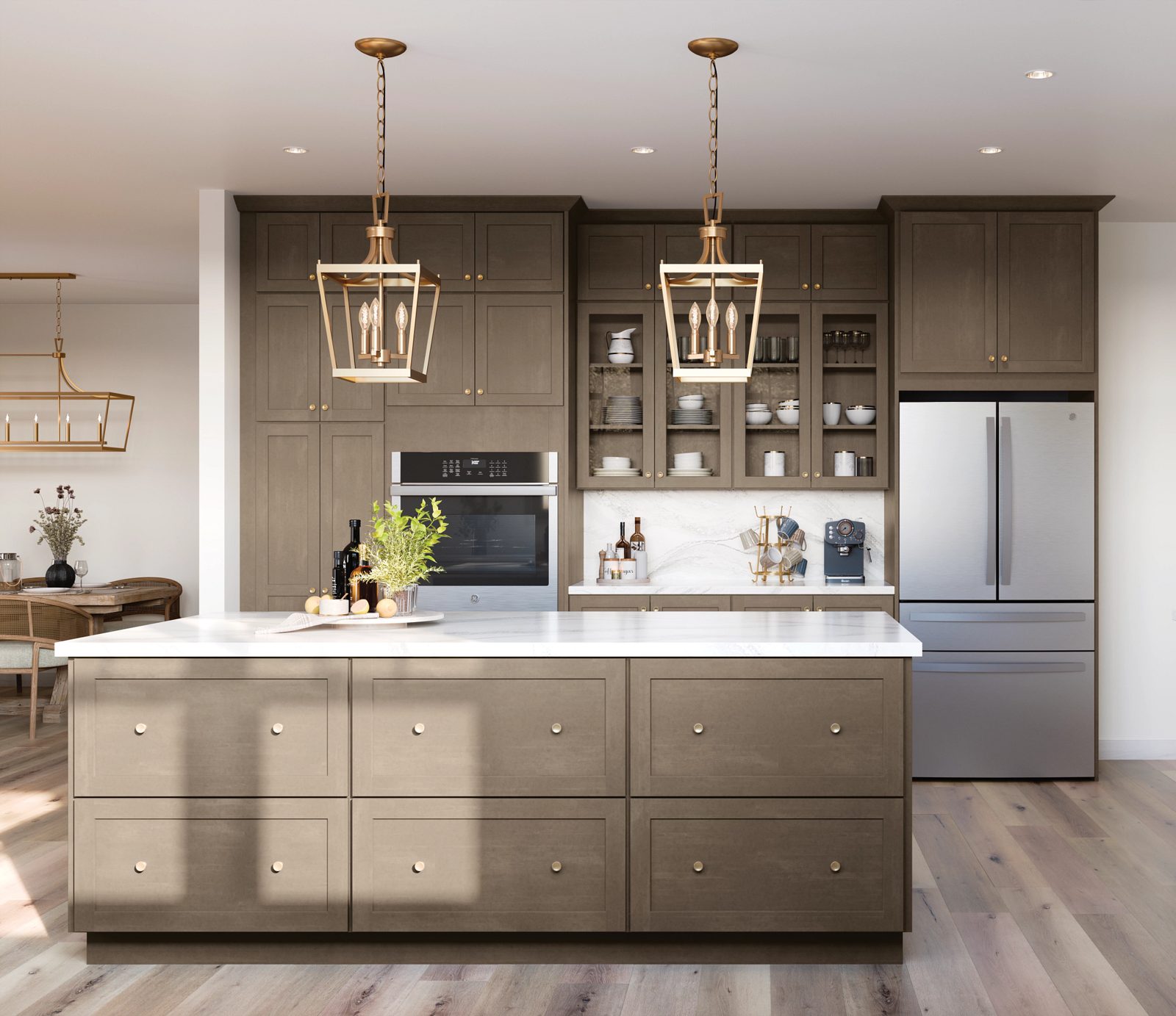 Good tier, Mountain Series quick-ship kitchen with stained cabinetry and brass pendants