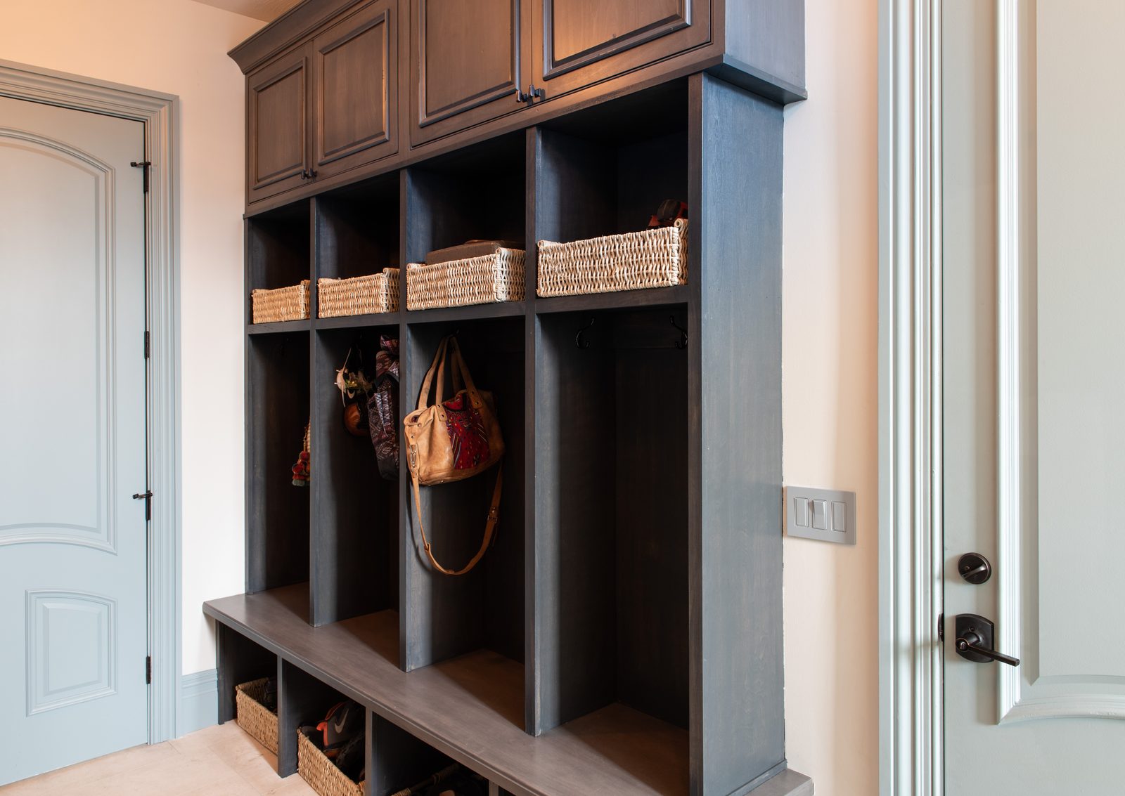 Mudroom cubbies in aged alder