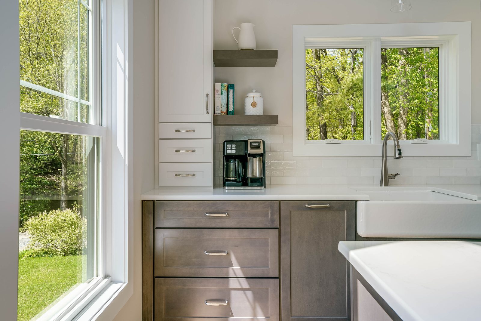 Coffee corner with floating shelves and farmhouse sink