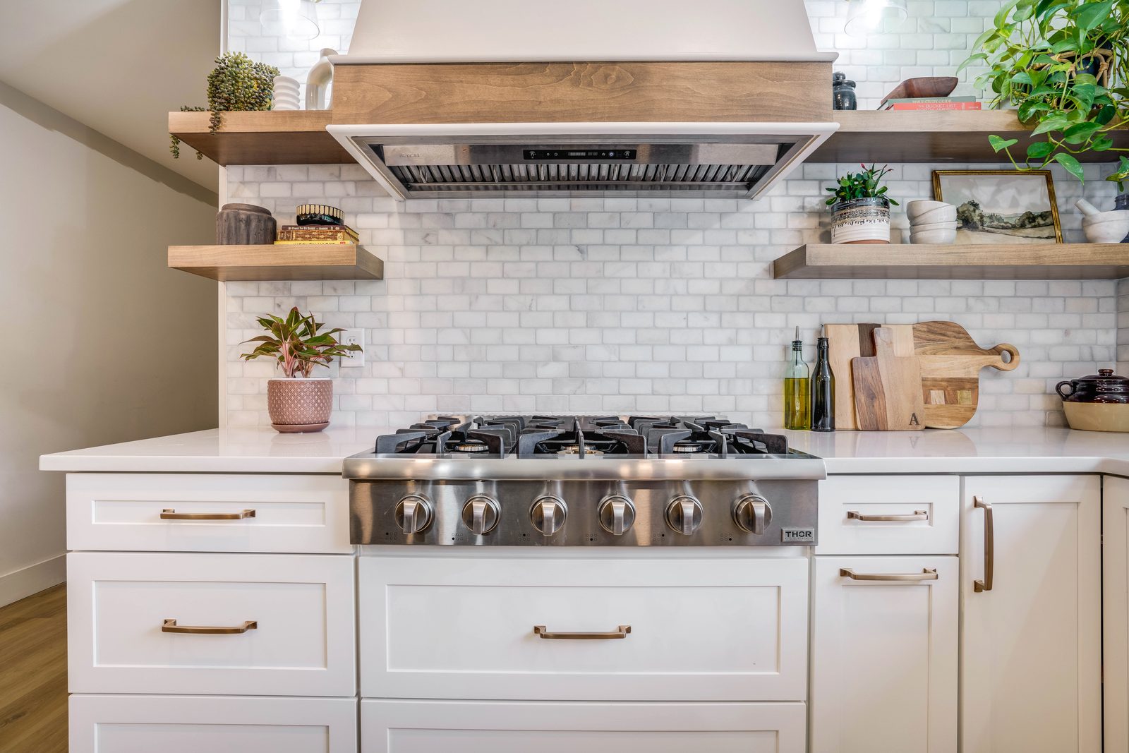 Cooktop and open shelves close-up