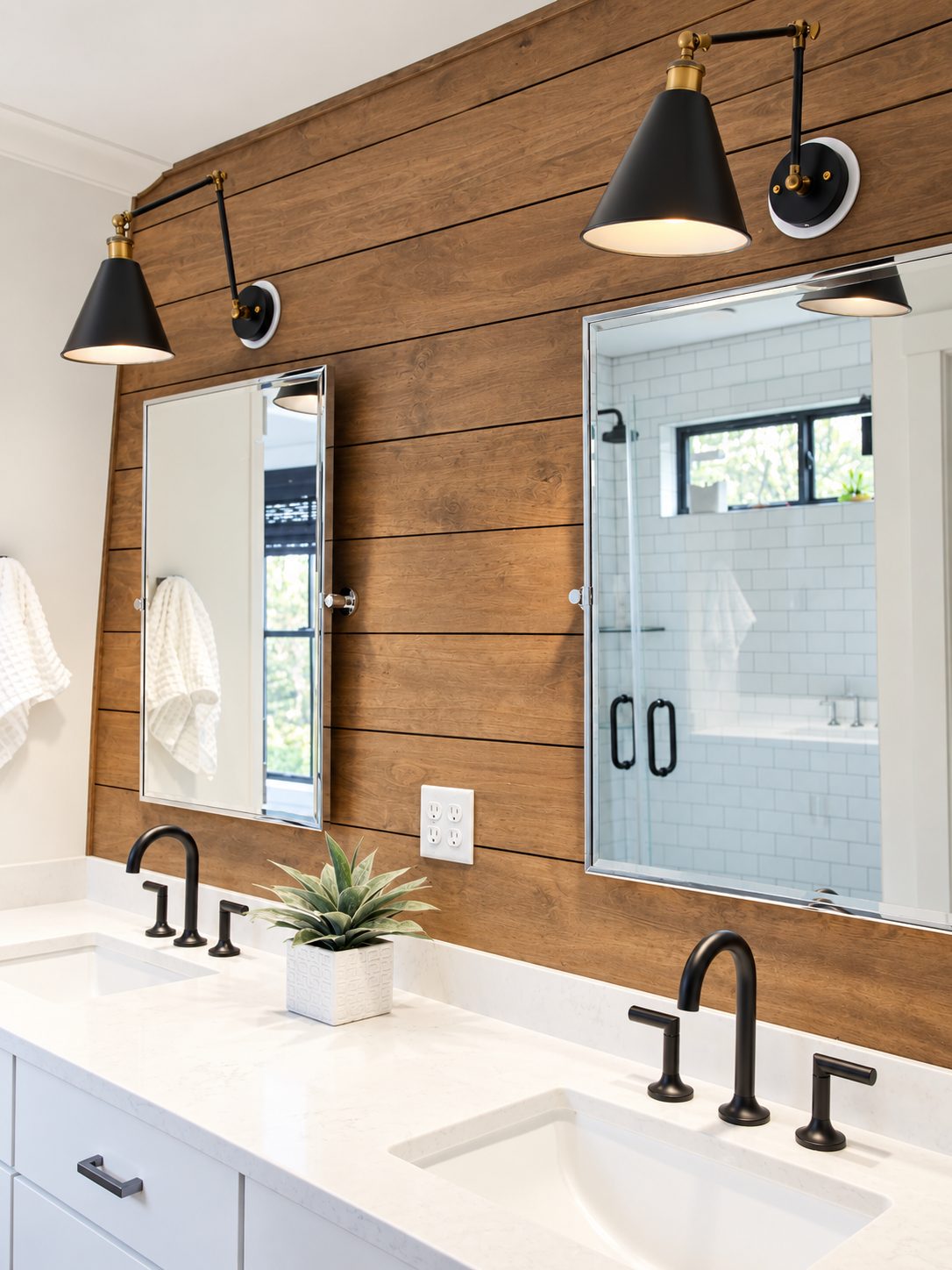 Vanity mirrors on stained shiplap accent wall with black sconces