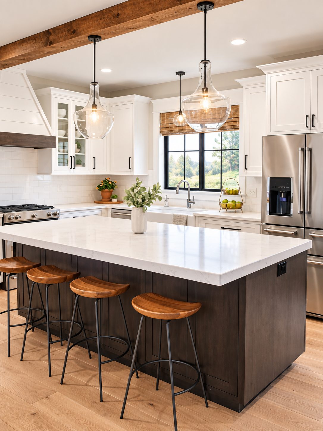 Stained island with wood stools under timber beams