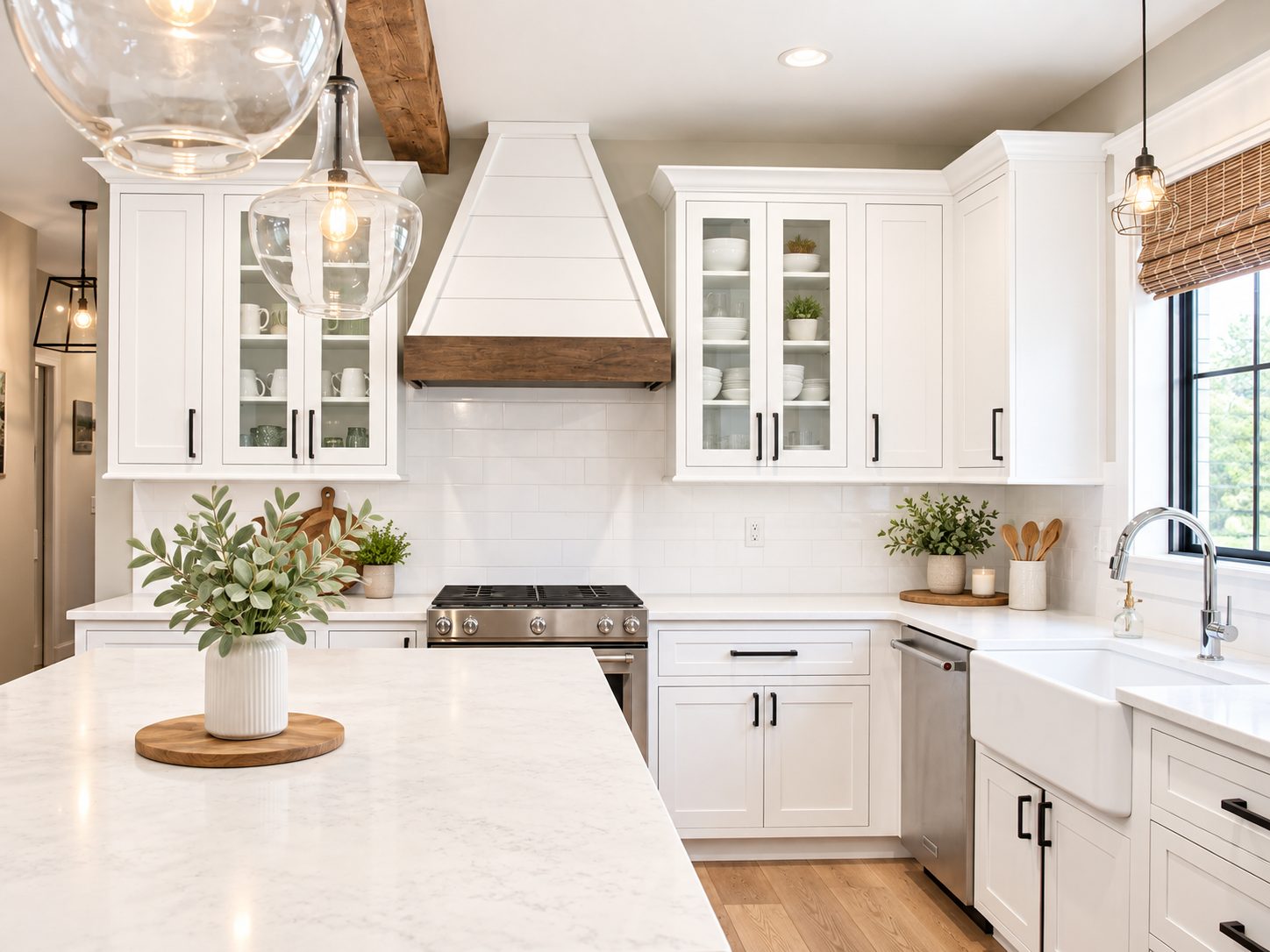 White perimeter run with farmhouse sink