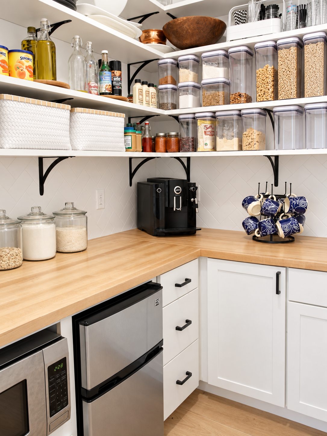 Pantry with open shelving and butcher block counter