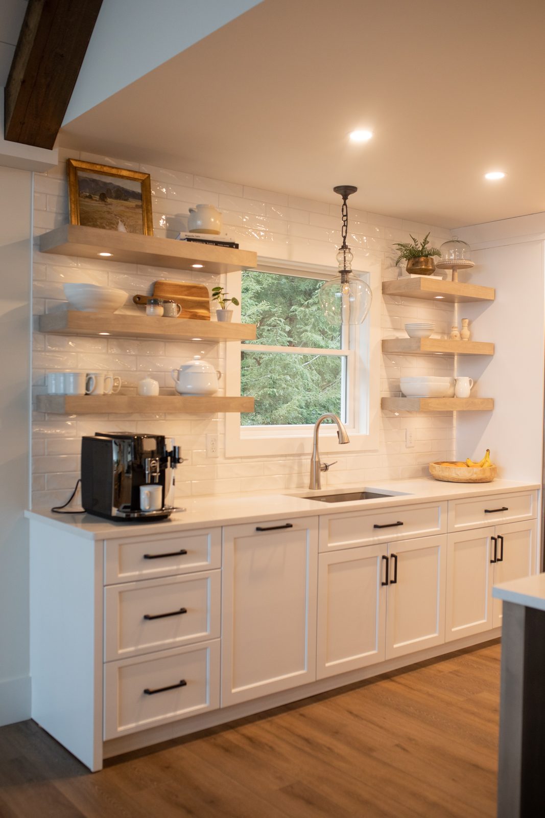 Floating oak shelves and prep corner