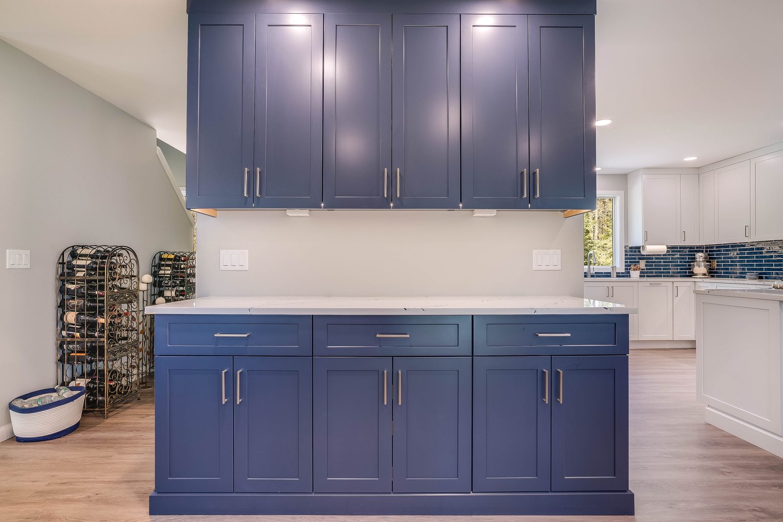 Hale Navy bar cabinetry with hutch uppers