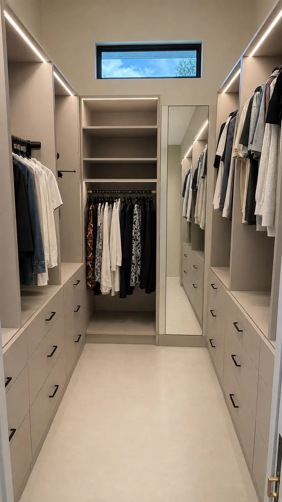 Walk-in closet with full-height hanging, drawer banks and mirror