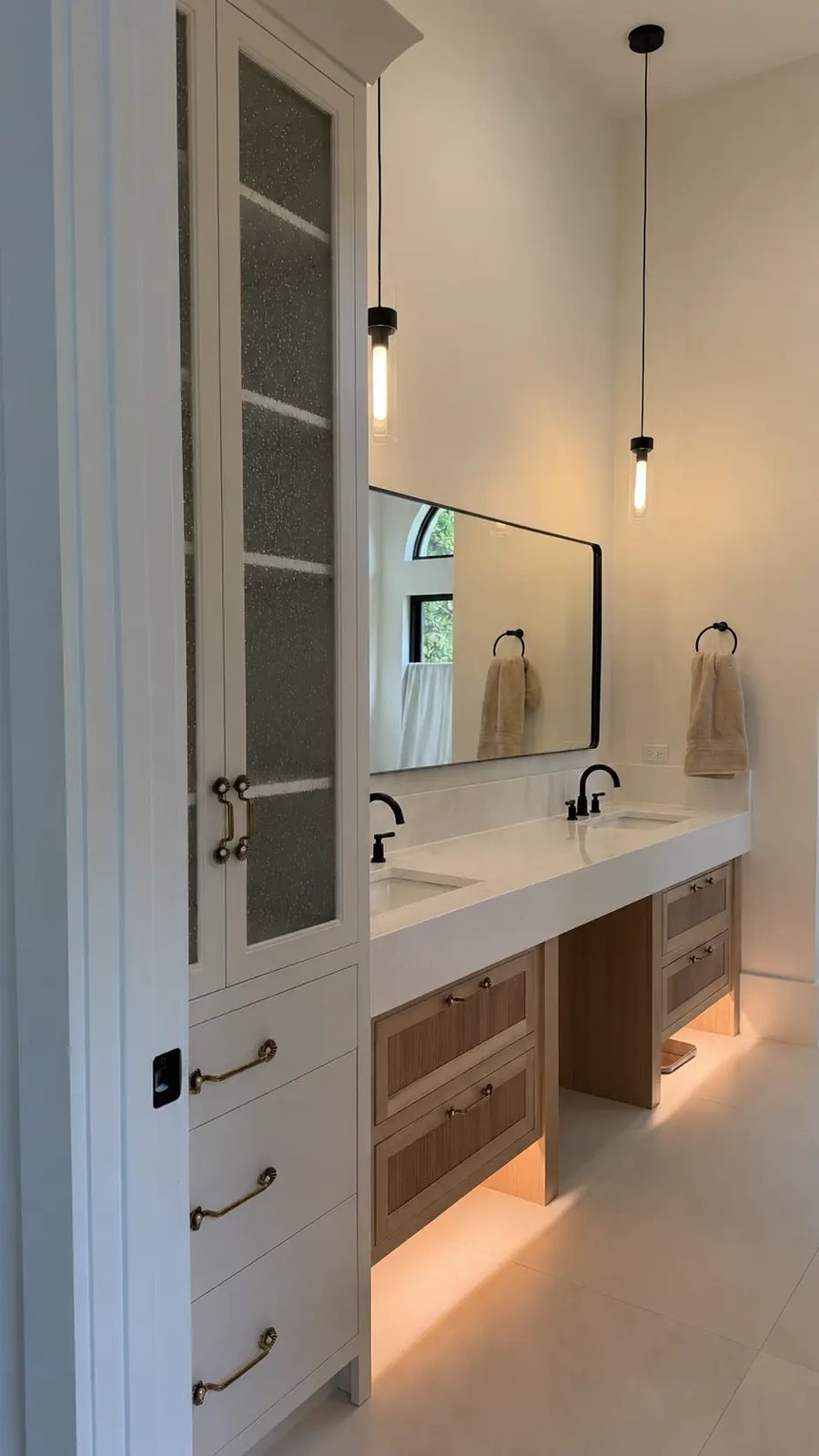 Double vanity with reeded whitewash oak drawers and cream tall cabinet