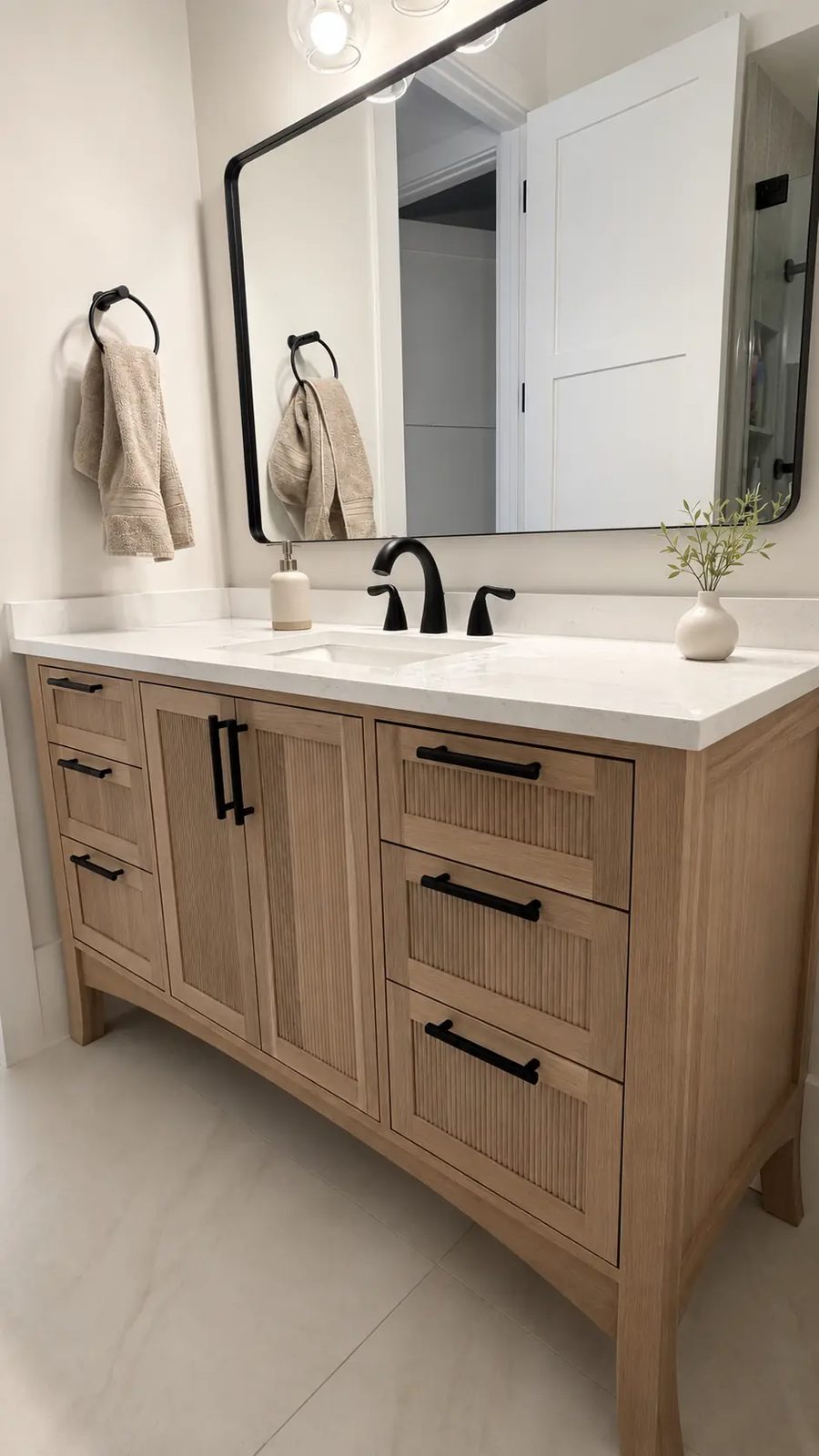 Freestanding furniture vanity with reeded doors and black hardware