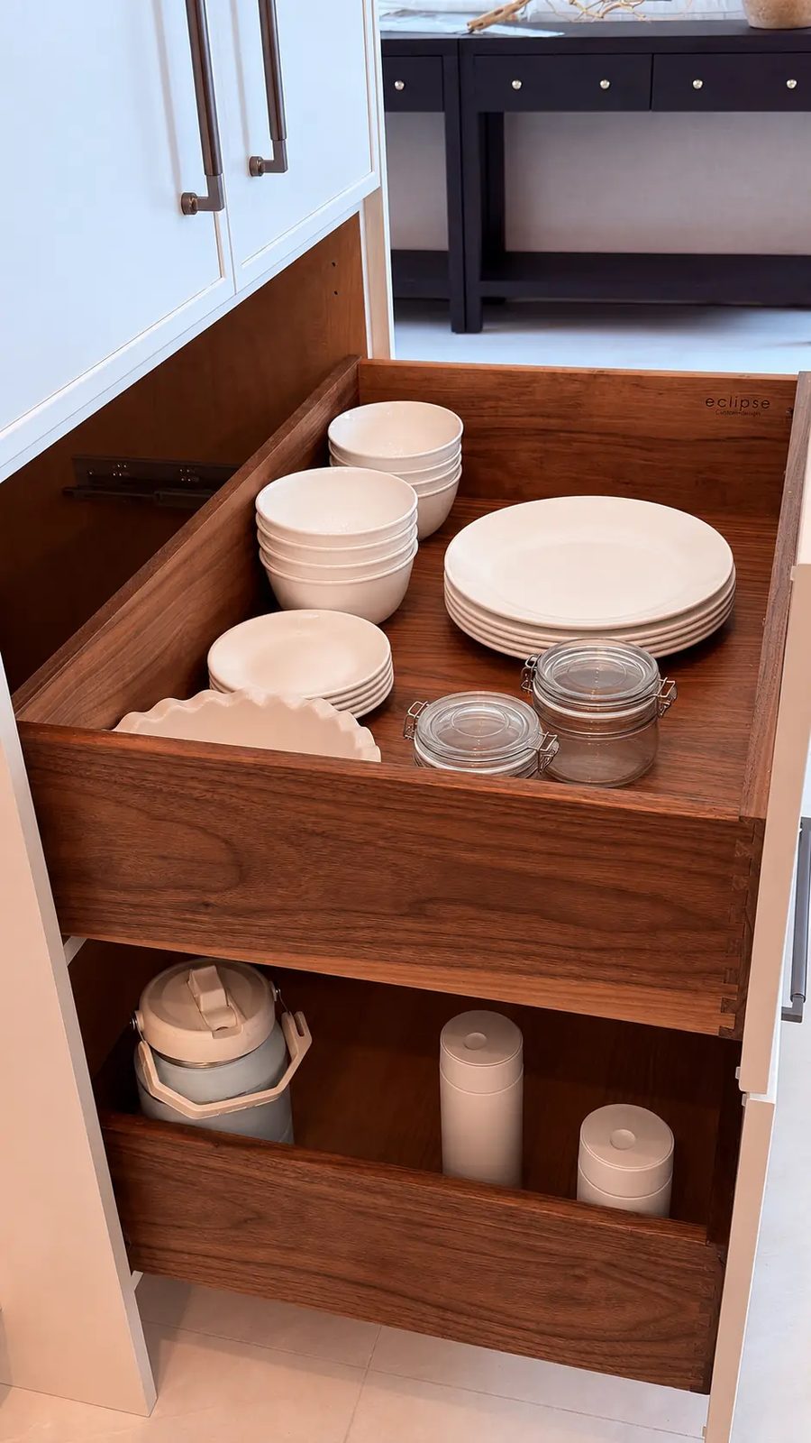 Walnut dovetail drawer boxes with the Eclipse Custom Design mark