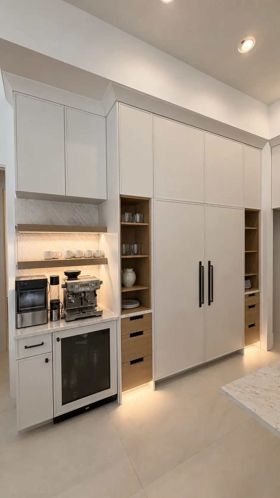 Lit coffee bar with espresso machine, oak shelves and tall pantry doors
