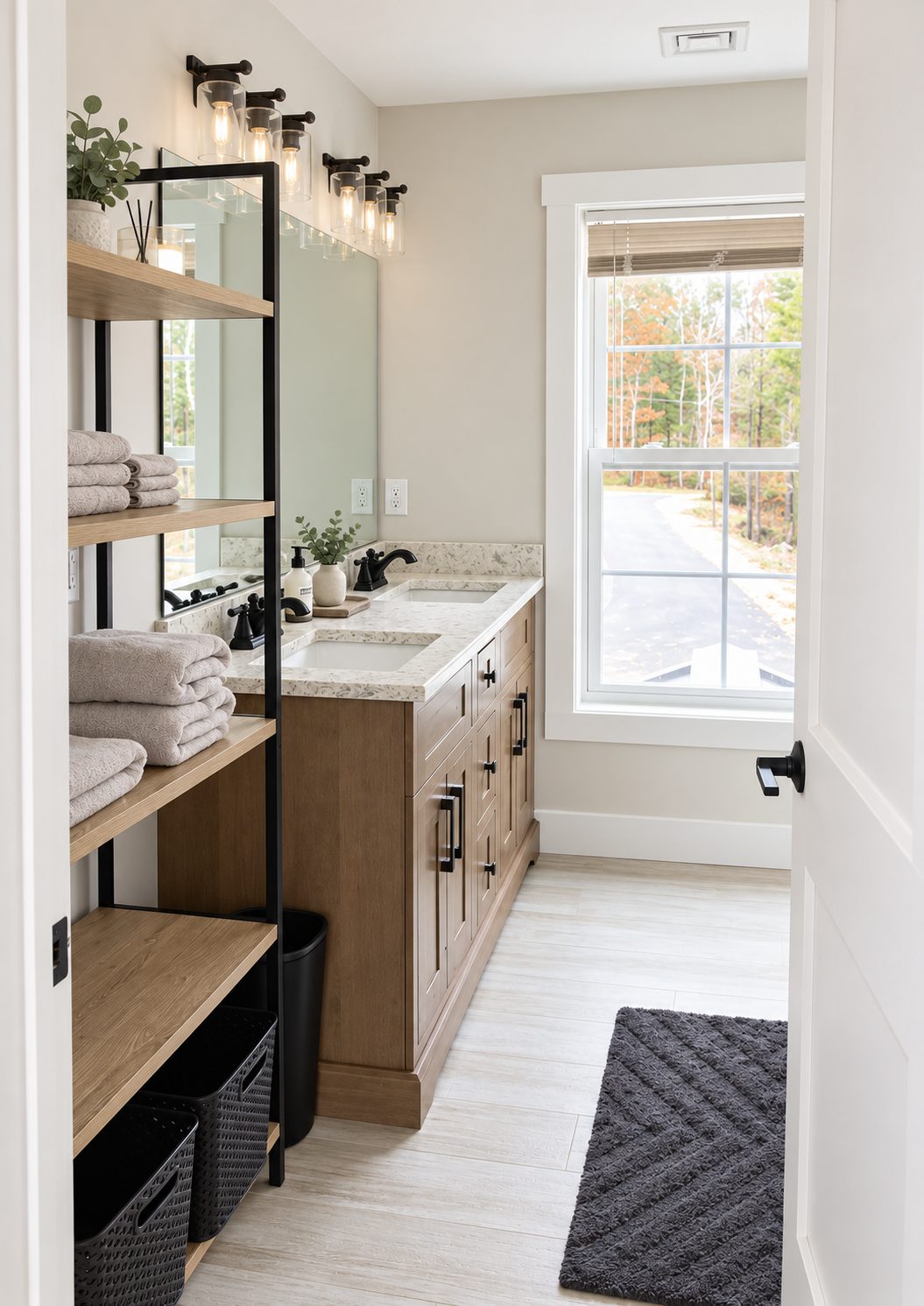 Bath vanity and shelf tower by the window