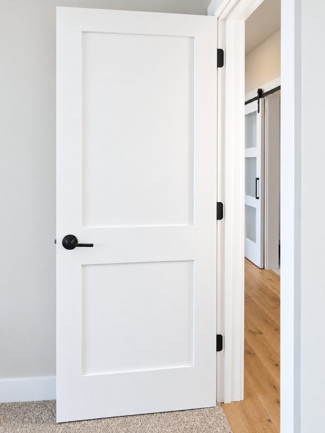 White two-panel interior door with black hardware