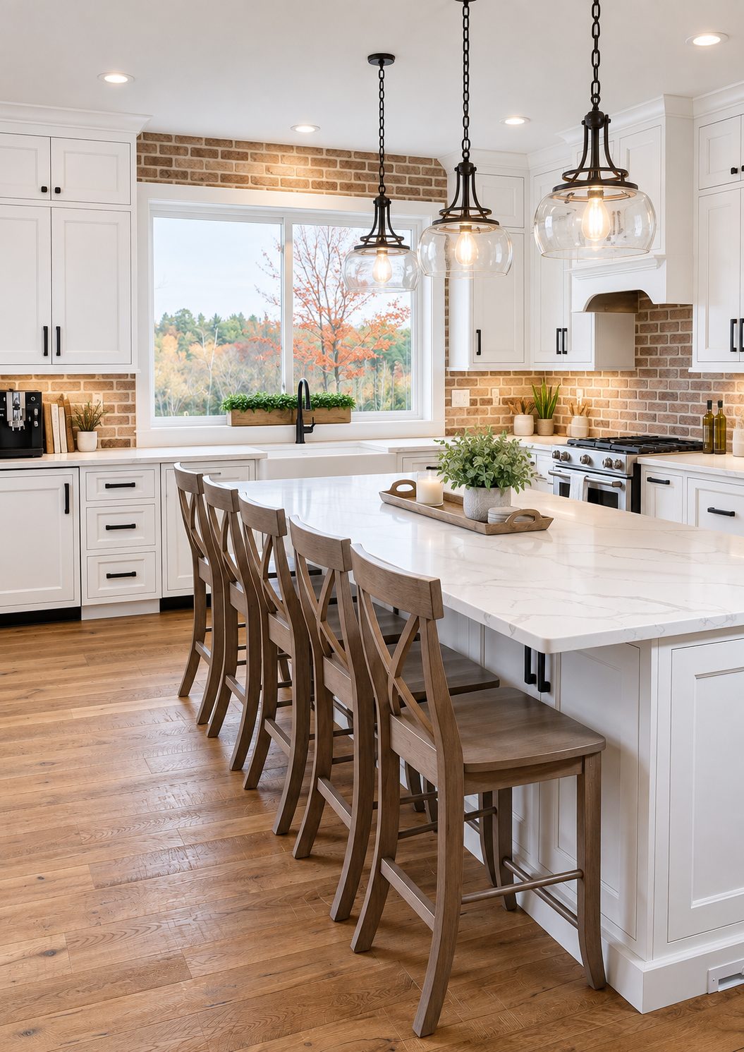 Kitchen island with glass pendants and brick backsplash