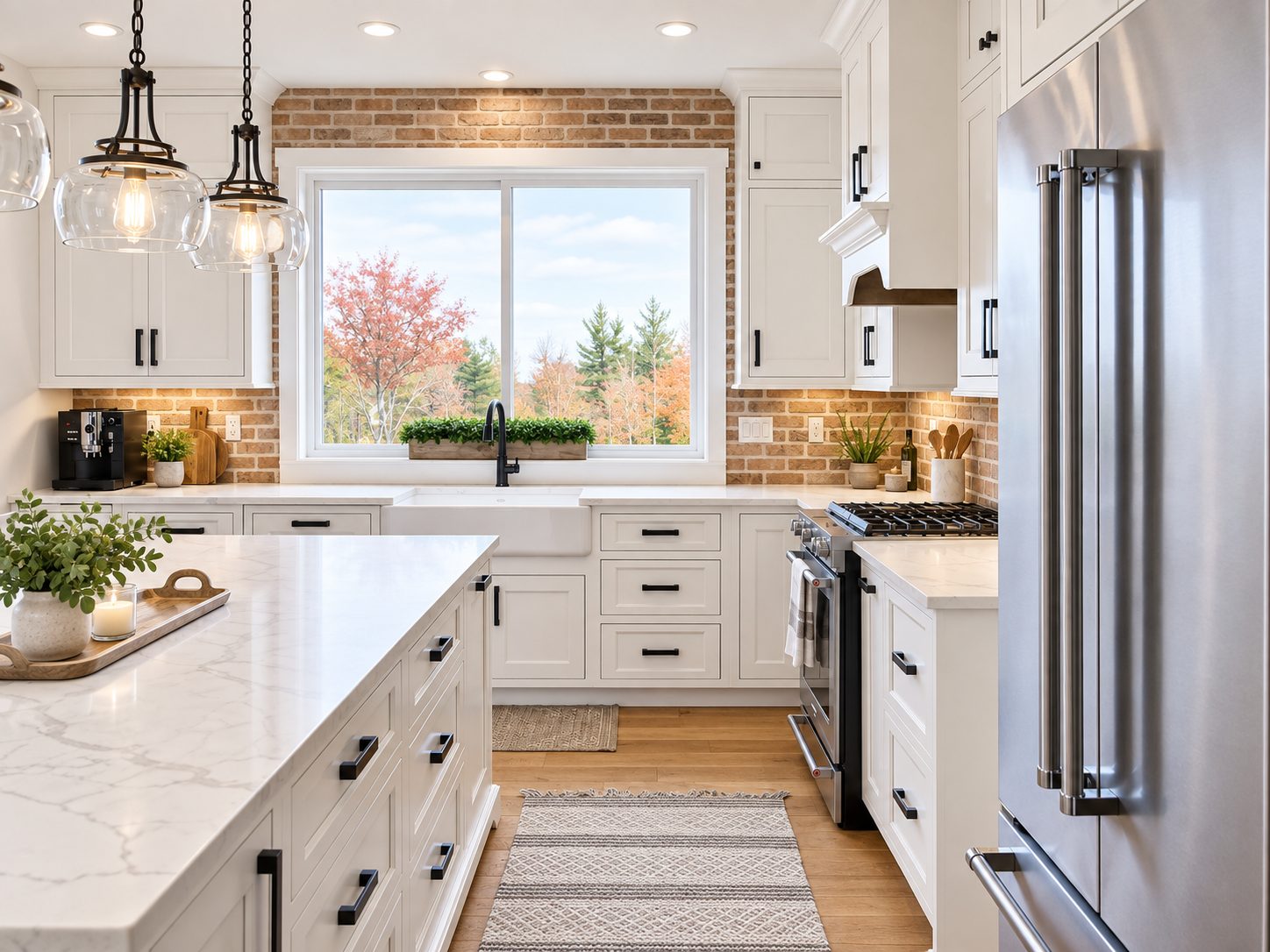 Range wall with stainless appliances and brick backsplash