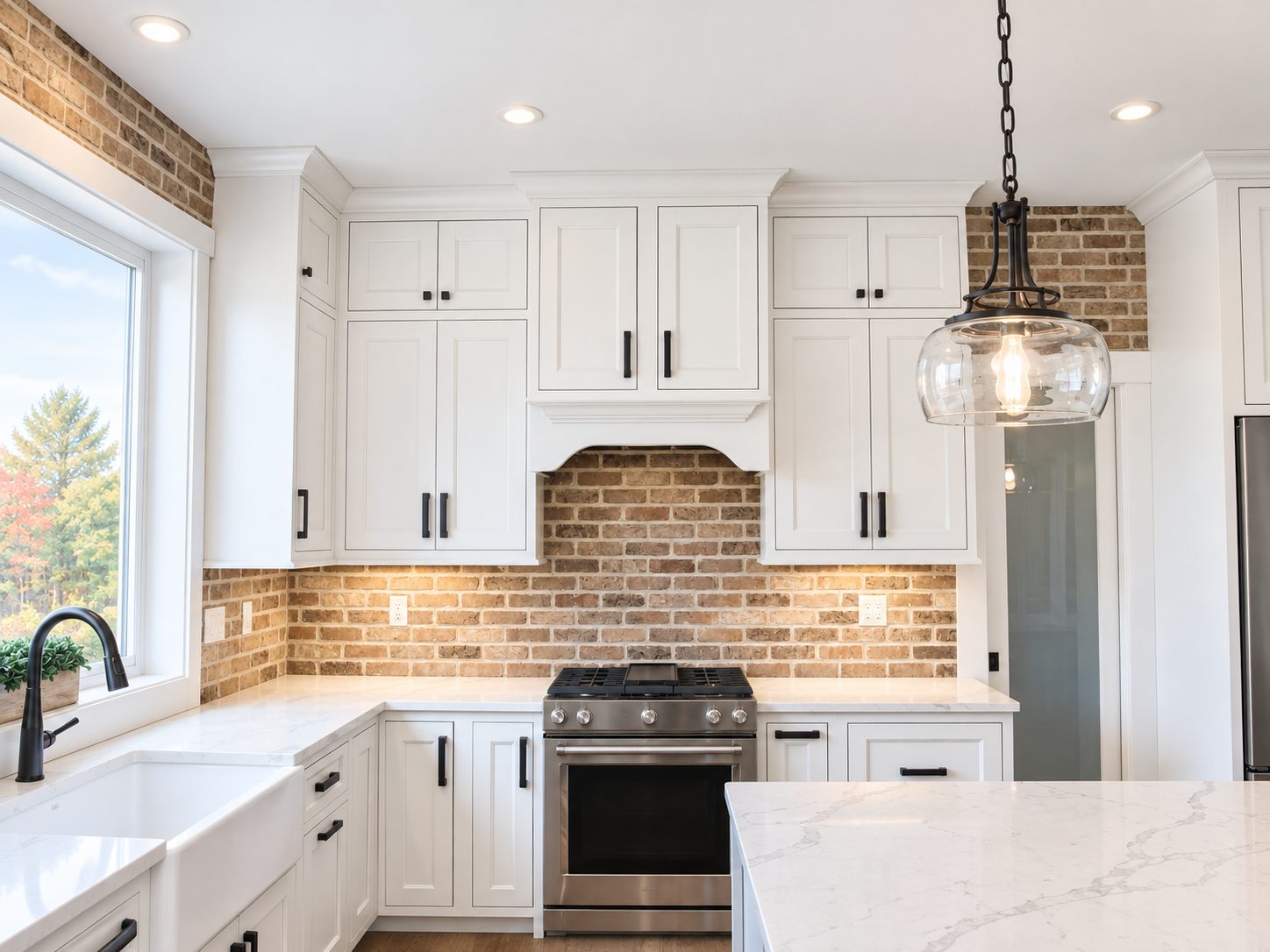 Arched hood corner with brick backsplash