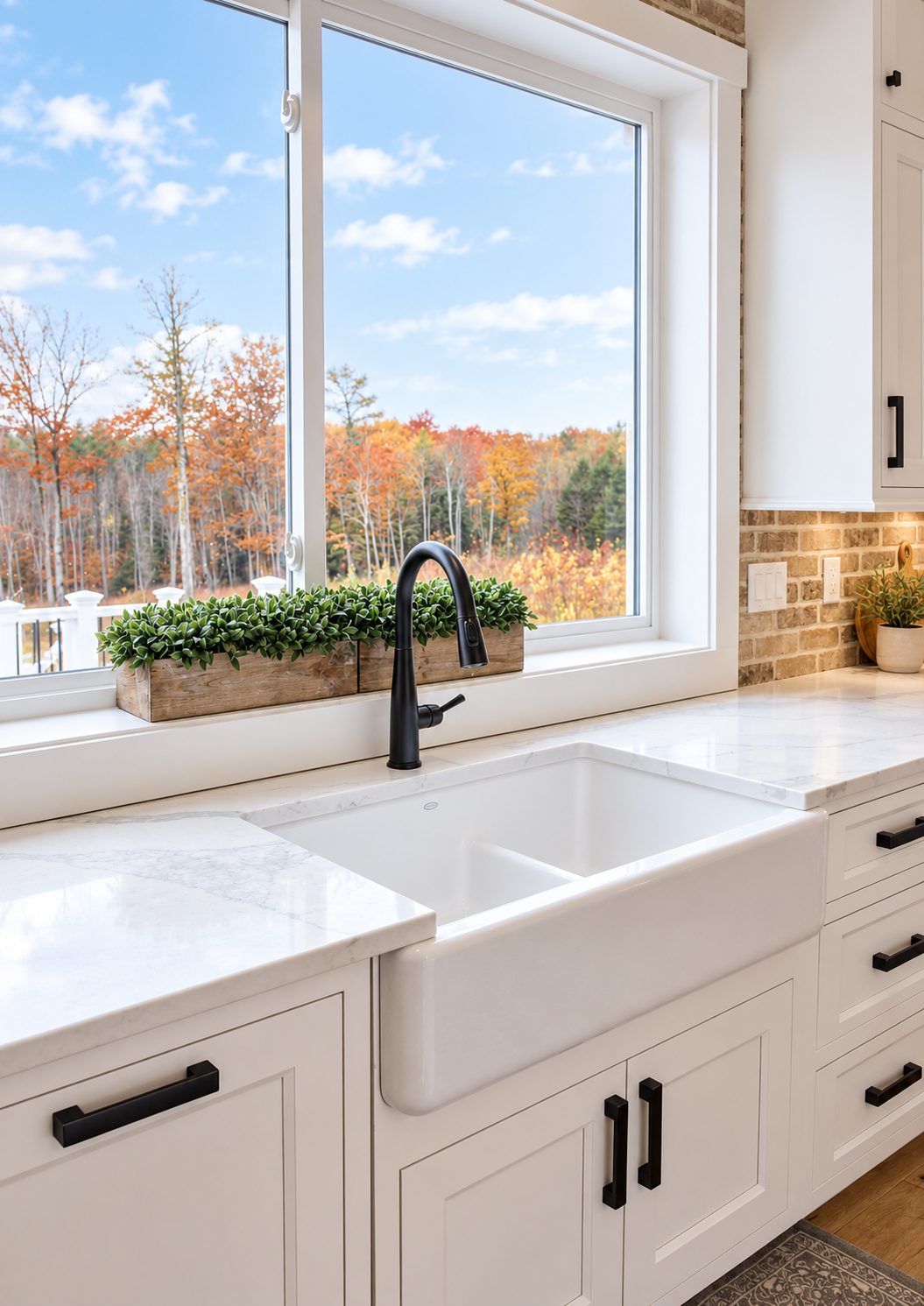 Farmhouse sink under a window with foliage view