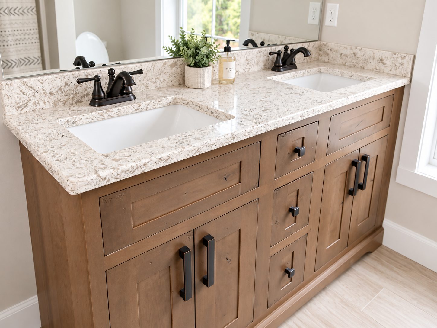 Stained double vanity with black pulls