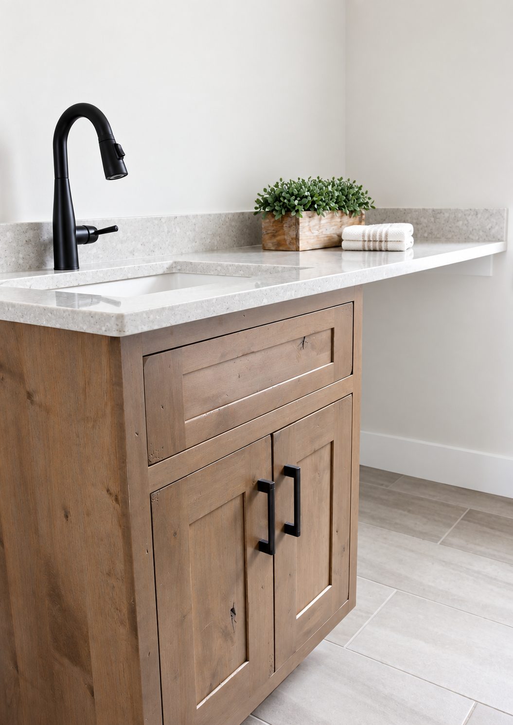 Stained vanity with quartz top and black faucet