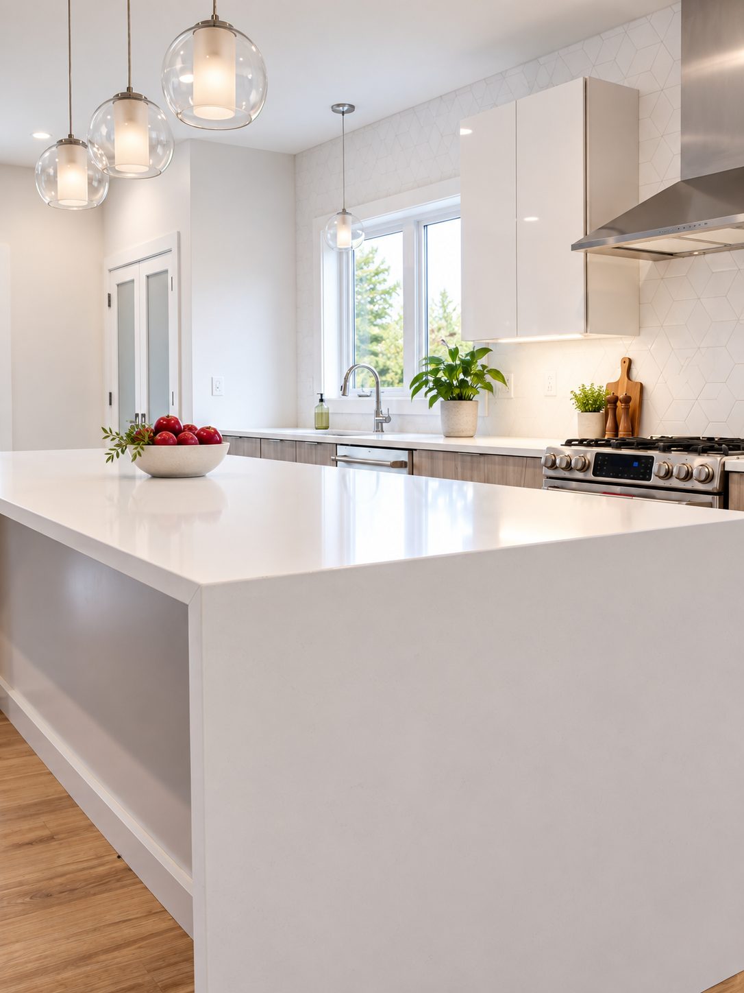 White waterfall island under glass globe pendants with chimney hood beyond