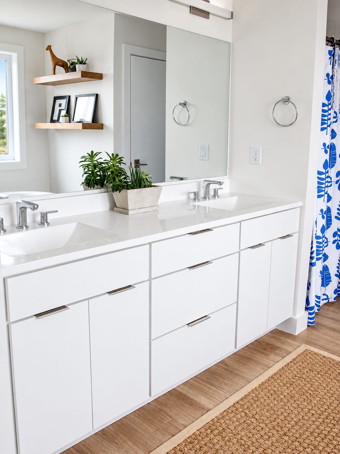 White slab double vanity with floating shelves and mirror