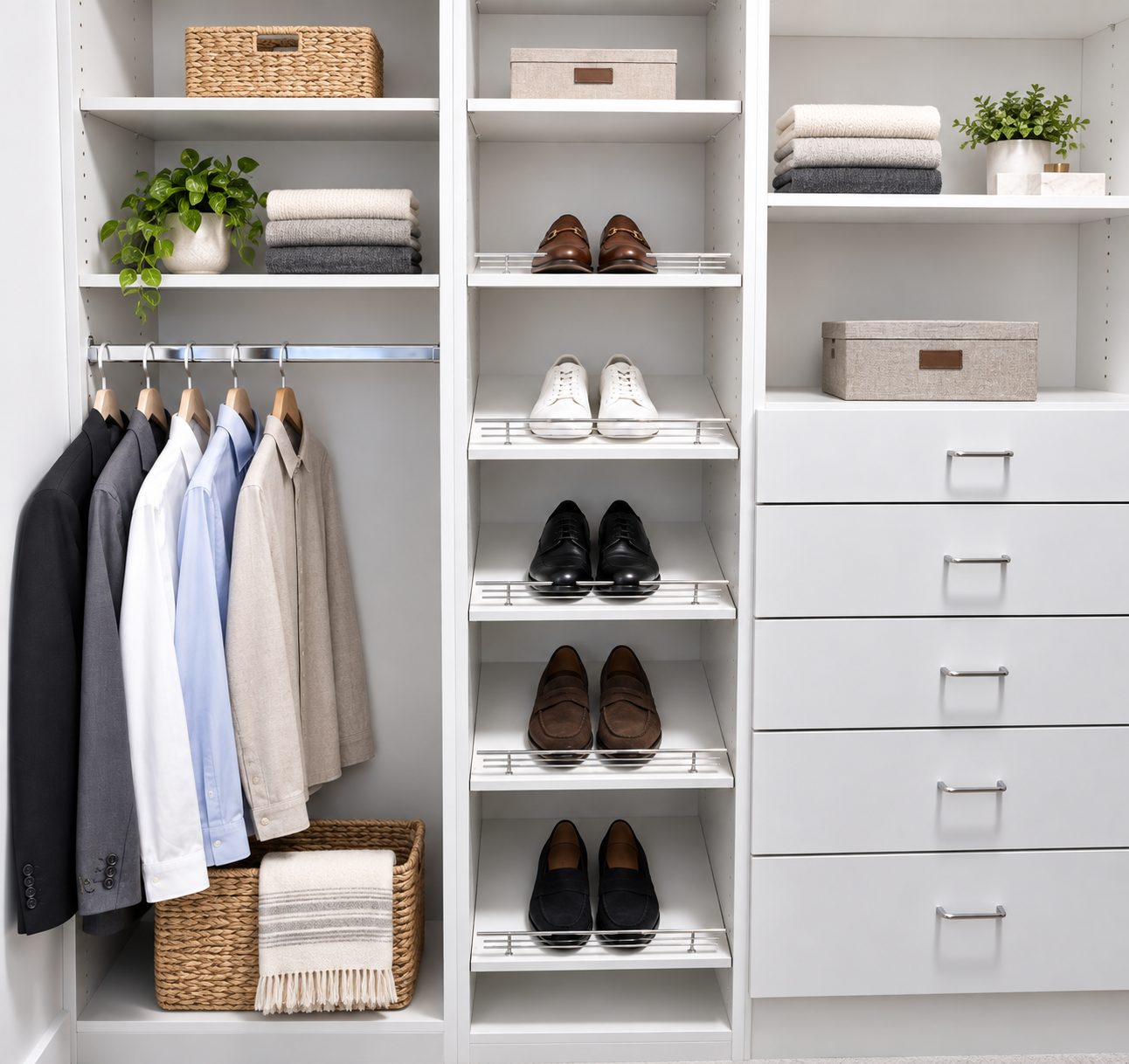 Fitted closet system with shelving, rods and drawer bank