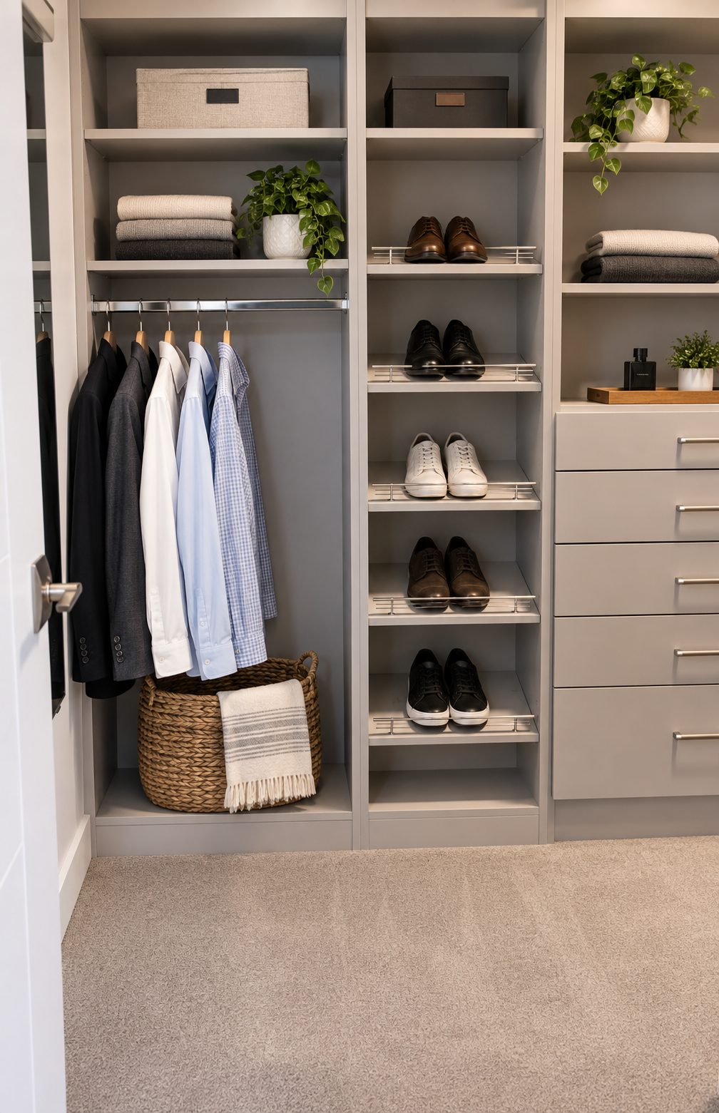 Walk-in closet built-in with shoe shelves and hanging storage