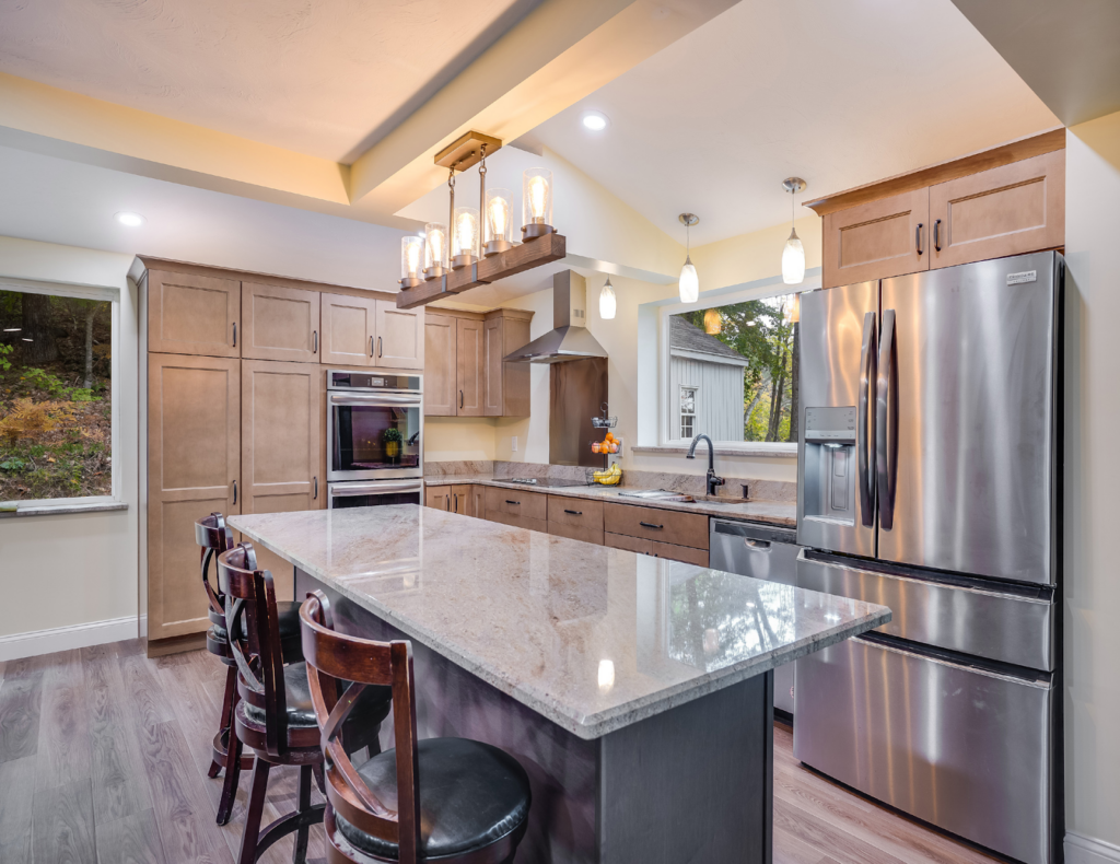 Image of an updated kitchen with nice countertops